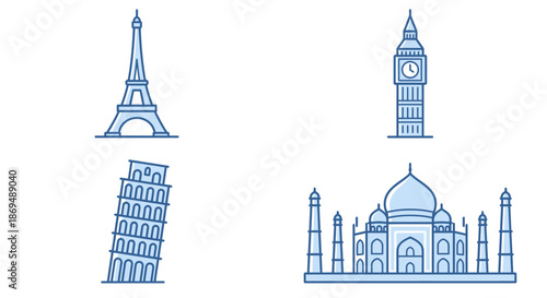 Famous World Landmarks Line Art Icon Set: Eiffel Tower, Big Ben, Pisa, and Taj Mahal