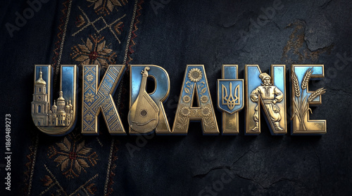 High quality 3D metal typographic image of the word Ukraine on a dark textured background that complements the identity of Ukraine