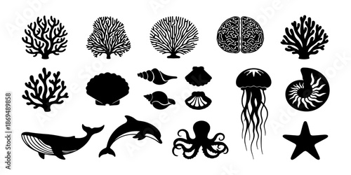 Minimalist black silhouettes of various ocean inhabitants including coral, shells, and sea animals