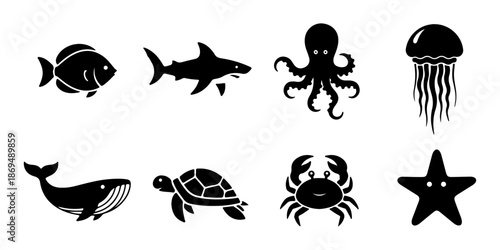 A collection of minimalist black silhouette icons representing diverse marine animals on a white background