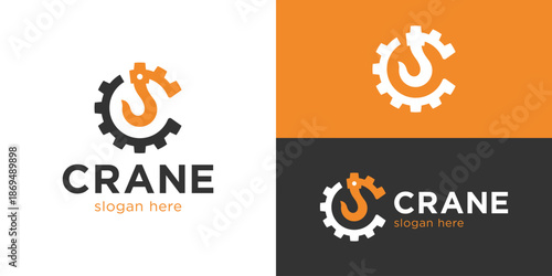 Creative simple crane gear logo template. Hook crane gear with abstract letter C for Crane logo design vector illustration