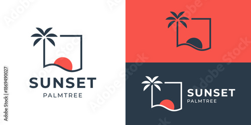 Creative simple sunset palm tree logo template. Sun with palmtree logo design vector illustration.