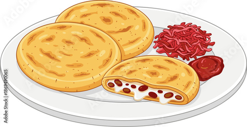 Cartoon Style Delicious Arepa Plate with Shredded Beef and Sauce Illustration
