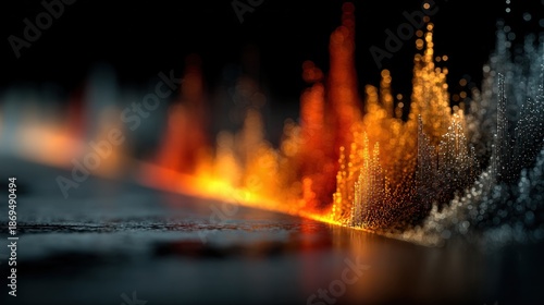 Abstract composition featuring textured peaks in fiery red and cool blue hues along a line