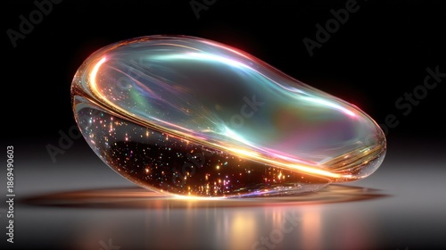 A glossy, abstract, amorphous shape with iridescent reflections and embedded light