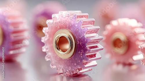 Close-up view of multiple translucent gears with pink/purple hues & gold hubs, softly lit