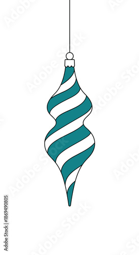 Long teal and white striped Christmas ornament hanging by a thread for festive holiday decoration on a white background.