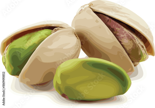 Four Pistachio Nuts with Shells and One Opened Nut