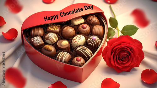 Heart shaped box filled with assorted gourmet chocolate truffles sits beside a vibrant red rose celebrating happy chocolate day