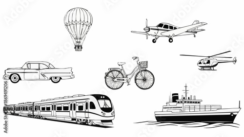 Collection of various vintage and modern transportation vehicles.