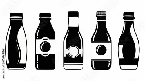 Collection of Five Black Silhouette Bottles with Labels.