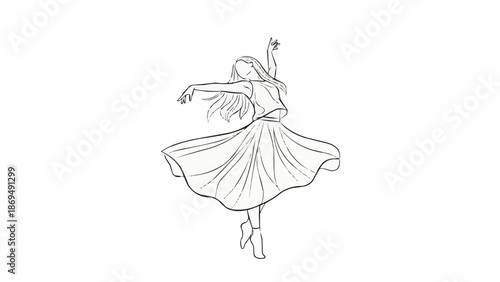 Elegant ballerina dancing gracefully in a flowing dress line art.