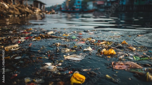 Heavily polluted river filled with plastic waste and garbage in a slum area, environmental pollution concept