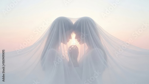 Silhouette of two girls under a large sheer veil at sunset, romantic moment for Valentine's Day