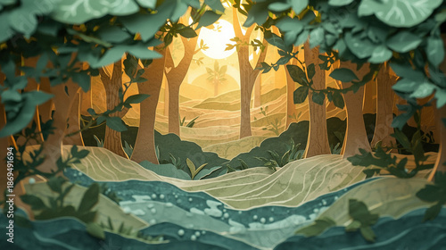 Spring forest landscape in the form of an intricate paper diorama, multi-layered paper with different textures