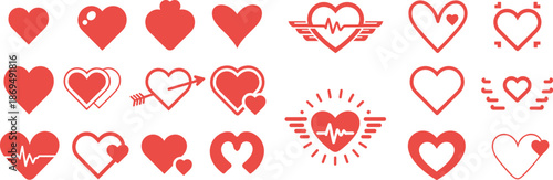 Red heart icons collection love symbols heartbeat design elements