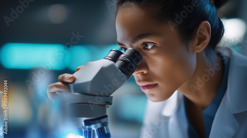 Faceless woman with microscope as scientist in research lab for experiment, test analysis or biotechnology investigation, equipment science or microbiology for medical development healthcare