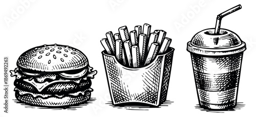 Hand drawn line art fast food set featuring a burger, french fries, and a soda drink for restaurant menu design