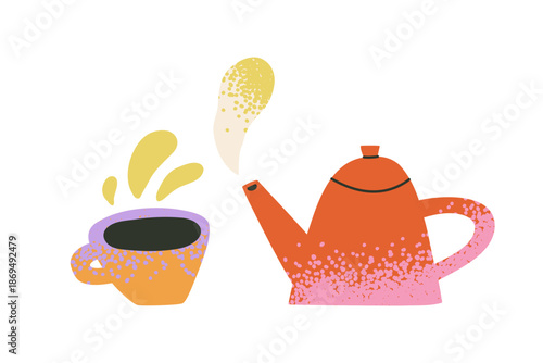 A teapot with a cup is hand-drawn. Textured illustration of dishes, kitchen, food, tea for breakfast.