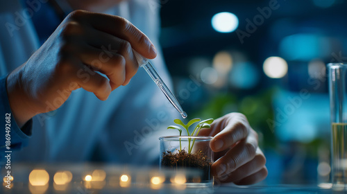 Faceless scientist using dropper to nurture plant in lab highlighting biotechnology and plant research, botanical genetics work, agricultural science experiment, defocused hands with equipment,