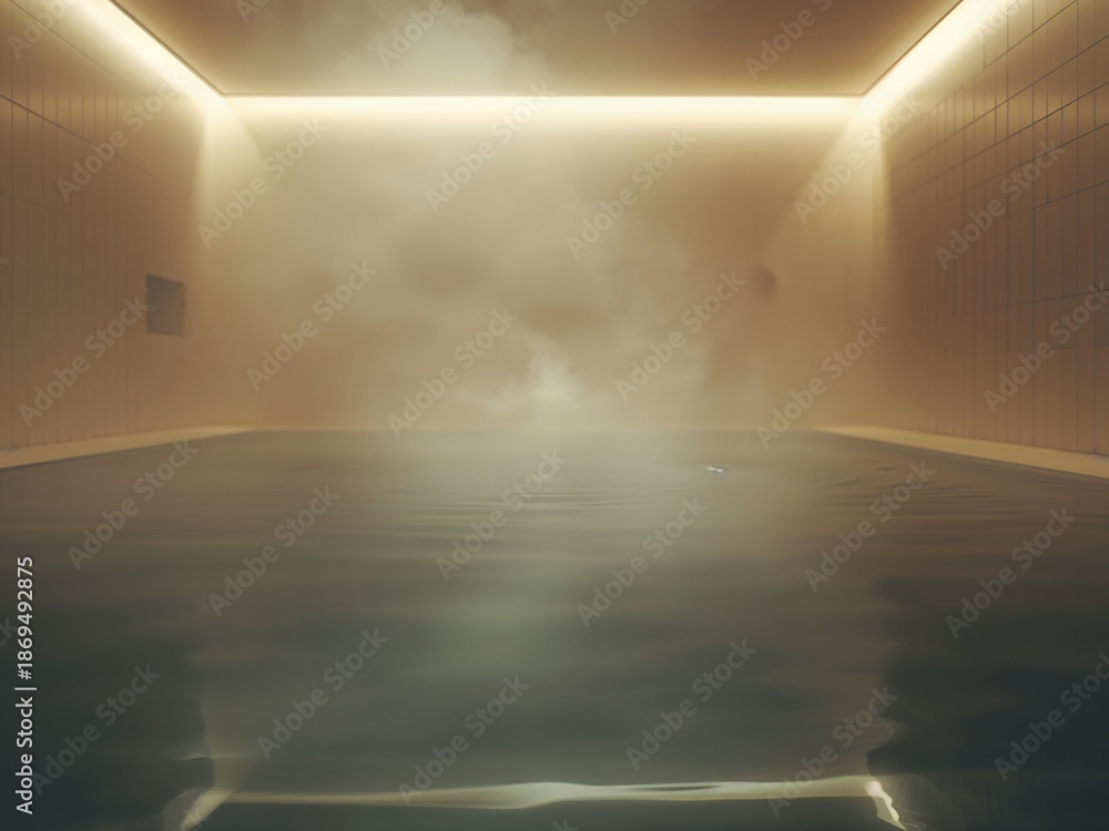 Obraz premium A luxurious indoor swimming pool with warm water generates steam in a tranquil spa environment. Soft lighting and modern interior design create a serene atmosphere for relaxation and wellness.