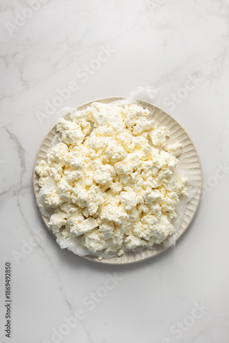 Top view of curd  cottage cheese dairy product on light surface