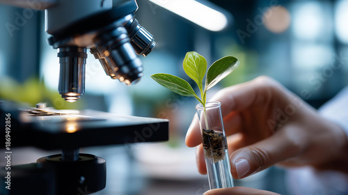 Microscope and young plant in science test tube, lab research biochemistry, biotechnology concept, laboratory plant genetics, controlled cultivation experiment, botanical testing visualization,
