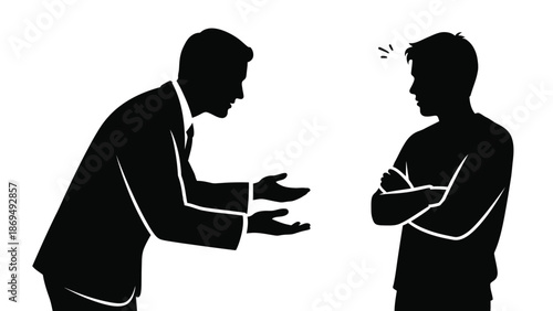 Silhouette illustration depicts a formal man pleading with a resistant or doubtful young individual