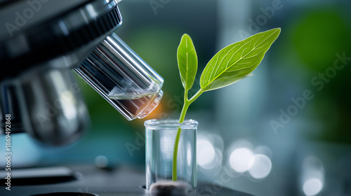 Microscope and young plant in science test tube, lab research biochemistry, biotechnology concept, laboratory plant genetics, controlled cultivation experiment, botanical testing visualization,