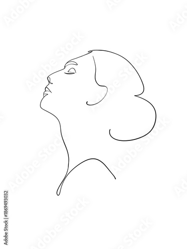 A portrait of a woman is drawn in one line style. Face expression. Printable art.