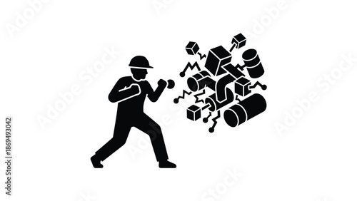 Construction worker icon actively fighting against complex industrial machinery and digital data security risks