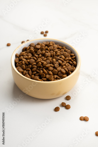 Crunchy food pieces for pets cat or dog in bowl light surface