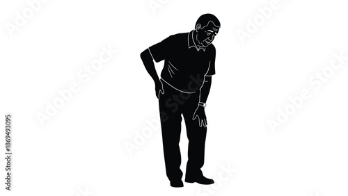Silhouette of an elderly man experiencing significant back and leg joint pain while standing bent over