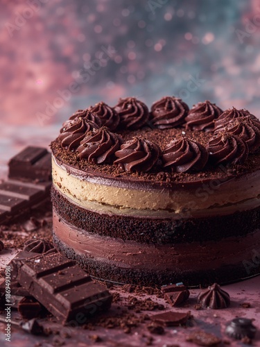 A chocolate mousse cake is decorated with whipped frosting swirls and chocolate shavings. Dark chocolate bars and crumbs are scattered around the decadent dessert on a pink surface.