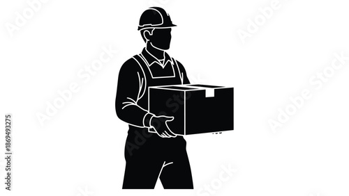 Silhouette of a construction worker or delivery person carefully carrying a cardboard shipping box