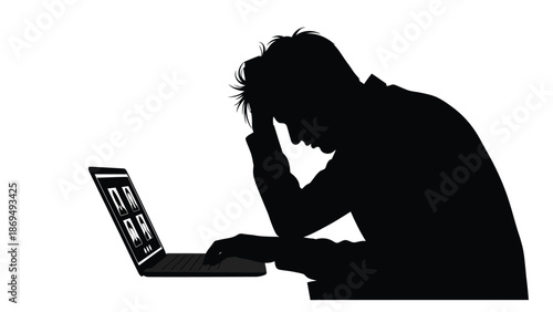 Silhouette of a frustrated businessman feeling exhausted during a long video conference meeting online