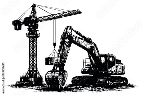 Hand drawn line art illustration of heavy construction equipment depicting a tower crane and an excavator in operation for construction and industrial projects