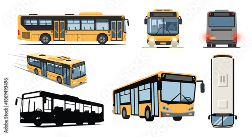 Collection of modern city buses in various views and styles