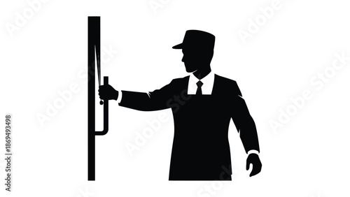 Silhouette of conductor or attendant operating a signal lever against a plain background