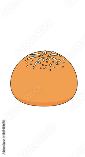 Simple illustration of a round golden brown bread roll with a cross cut and seeds on top isolated on a white background.