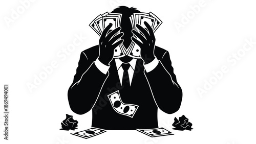 Businessman obscuring his face with large stacks of cash illustrating greed and wealth accumulation concept