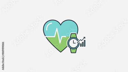 Heartbeat monitor icon with smartwatch and growth chart, health tracking concept
