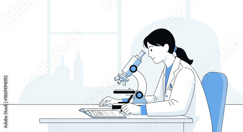 Illustration of a female scientist working in a lab, using a microscope and taking notes with