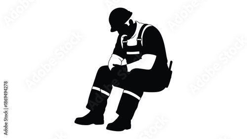 Silhouette of a tired construction worker taking a moment to rest while wearing a hard hat