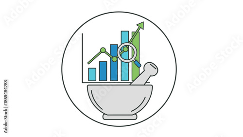 Pharmaceutical analytics icon: mortar and pestle with growth chart and magnifying glass