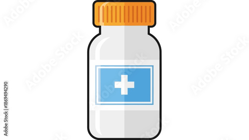 Pharmaceutical Medicine Bottle with Blue Cross Symbol, Health Care Concept