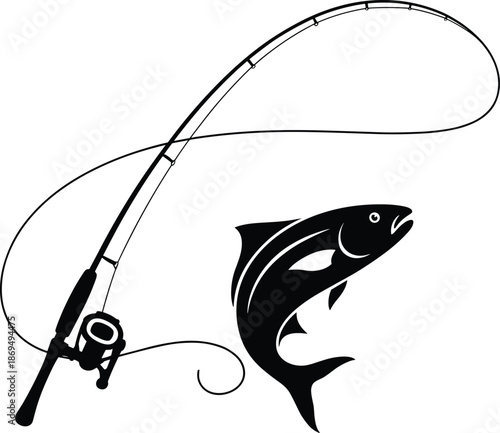 Black and white fishing rod and fish