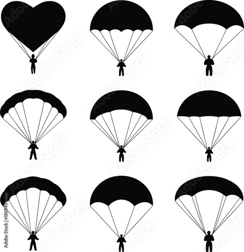 Nine silhouetted parachutists in various stages of descent on white background
