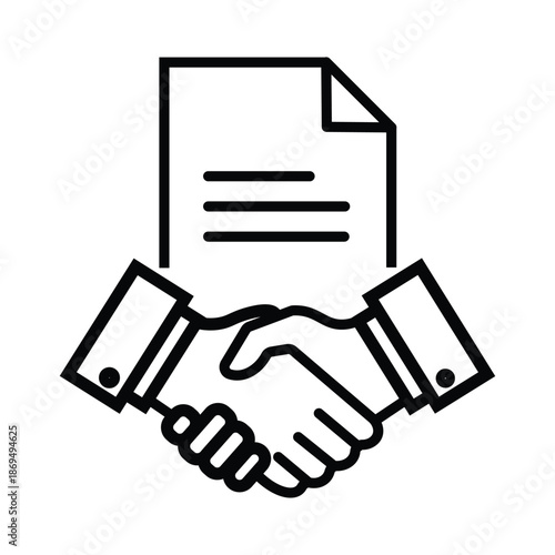 A Simple Line Art Icon Depicting a Handshake Over a Document Symbolizing Agreement and Partnership