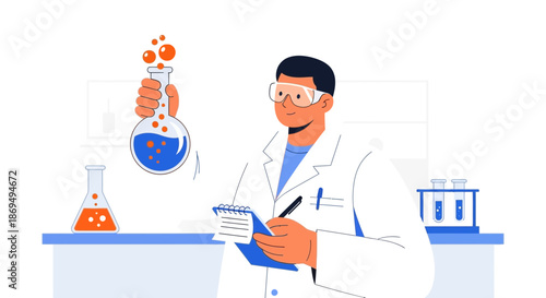 Scientist conducting research in laboratory with beaker and notebook for analysis